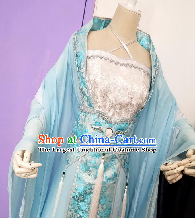 Chinese Cosplay Princess Costume Ancient Goddess Swordswoman Blue Dress for Women