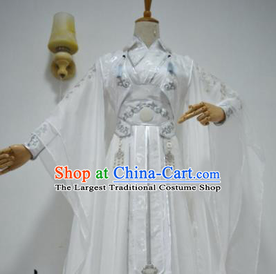 Chinese Customized Traditional Cosplay Taoist Swordsman Costume Ancient Drama Childe White Clothing for Men