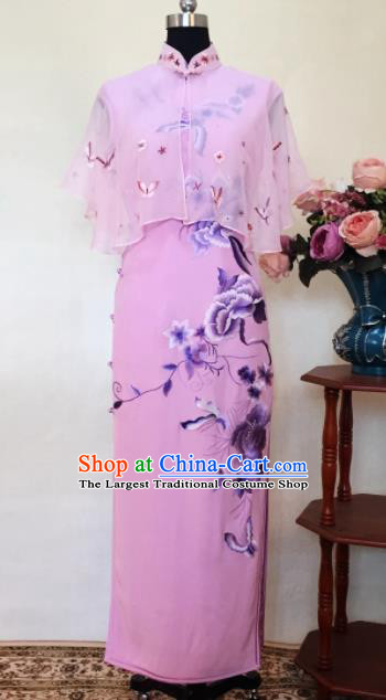Chinese Traditional Customized Embroidered Pink Cheongsam National Costume Classical Qipao Dress for Women