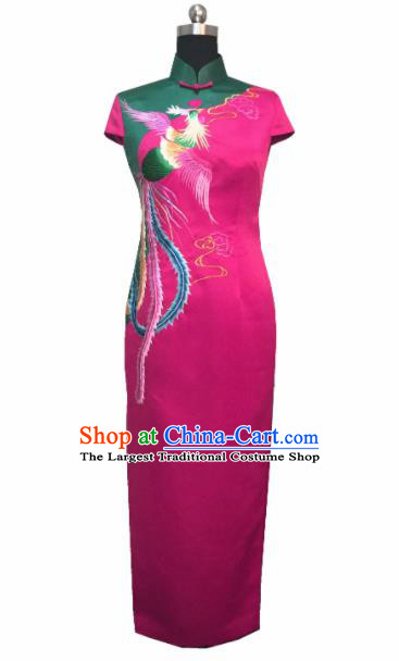 Chinese Traditional Customized Embroidered Phoenix Rosy Cheongsam National Costume Classical Qipao Dress for Women