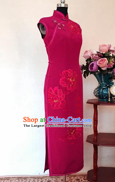 Chinese Traditional Customized Printing Peony Rosy Cheongsam National Costume Classical Qipao Dress for Women