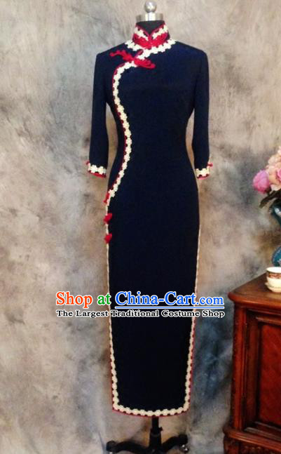 Chinese Traditional Customized Navy Cheongsam National Costume Classical Qipao Dress for Women