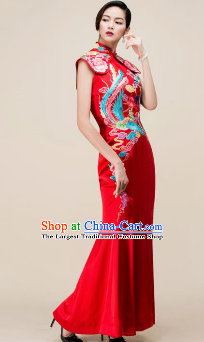 Chinese Traditional Customized Embroidered Phoenix Red Silk Cheongsam National Costume Classical Qipao Dress for Women