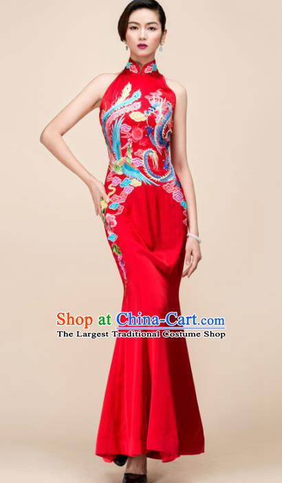 Chinese Traditional Customized Embroidered Phoenix Red Silk Cheongsam National Costume Classical Qipao Dress for Women