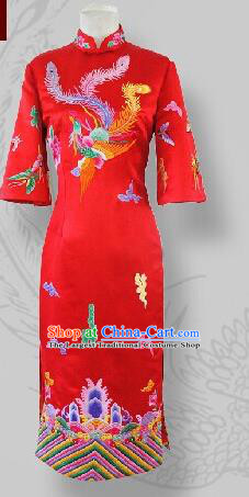 Chinese Traditional Customized Embroidered Phoenix Red Cheongsam National Costume Classical Qipao Dress for Women