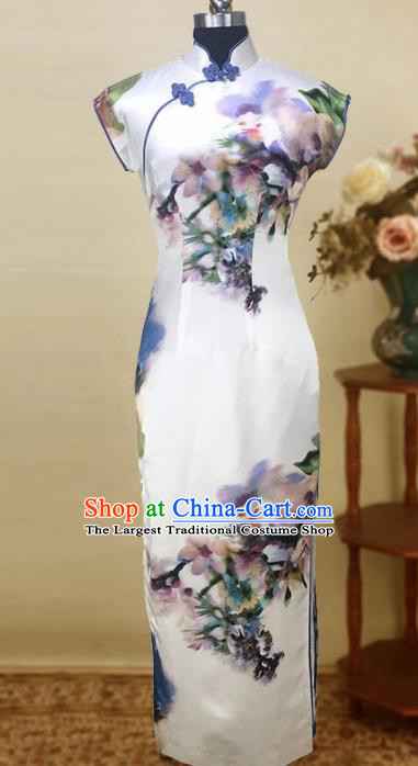 Chinese Traditional Customized Printing Silk Cheongsam National Costume Classical Qipao Dress for Women