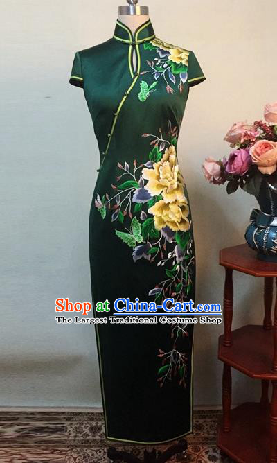 Chinese Traditional Customized Printing Peony Atrovirens Silk Cheongsam National Costume Classical Qipao Dress for Women