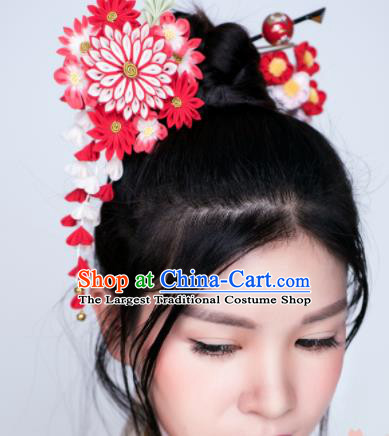 Asian Japan Geisha Red Chrysanthemum Tassel Hairpins Japanese Traditional Hair Accessories for Women