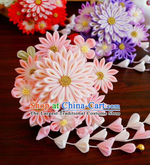 Asian Japan Geisha Pink Chrysanthemum Tassel Hairpins Japanese Traditional Hair Accessories for Women