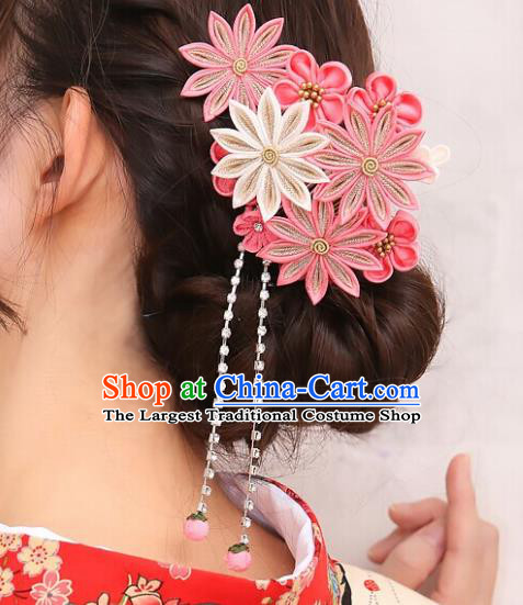 Asian Japan Traditional Geisha Pink Chrysanthemum Tassel Hair Claw Japanese Kimono Hair Accessories for Women