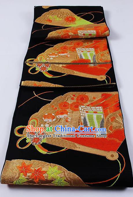 Traditional Japanese Classical Plum Fan Pattern Black Waistband Kimono Brocade Accessories Yukata Belt for Women