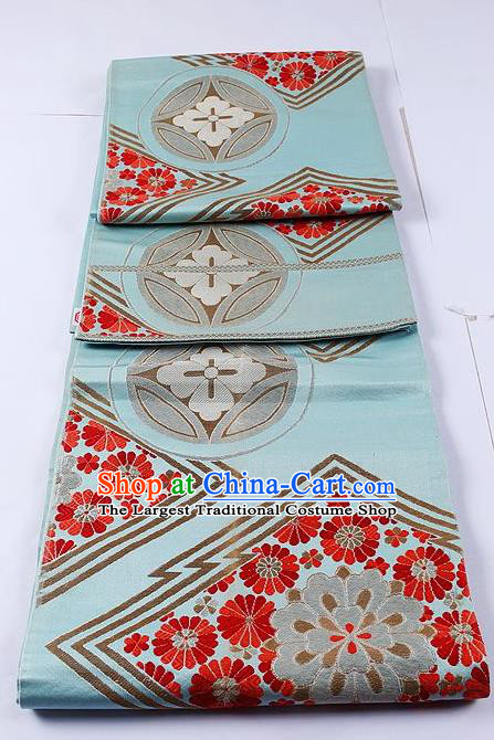 Traditional Japanese Classical Daisy Pattern Blue Waistband Kimono Brocade Accessories Yukata Belt for Women