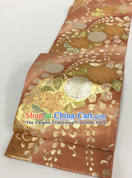 Traditional Japanese Classical Flowers Pattern Pink Cannetille Waistband Kimono Brocade Accessories Yukata Belt for Women