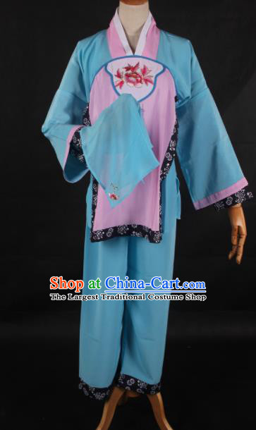 Traditional Chinese Shaoxing Opera Maidservants Blue Clothing Ancient Peking Opera Poor Lady Costume for Women