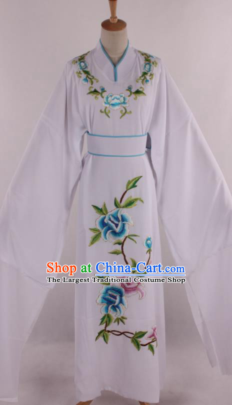 Traditional Chinese Shaoxing Opera Niche Scholar Embroidered White Robe Ancient Nobility Childe Costume for Men