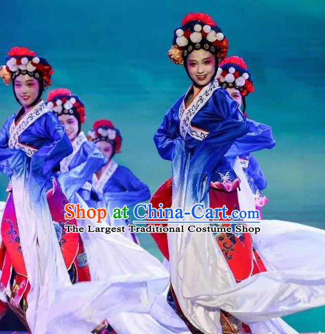 Traditional Chinese Classical Dance Cai Wei Costume Group Dance Water Sleeve Blue Dress for Women