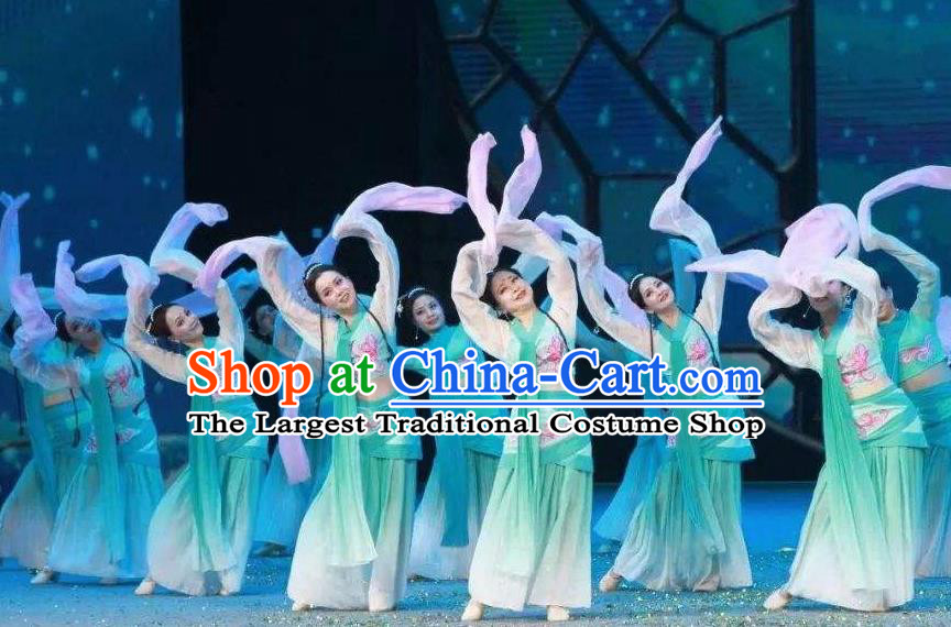 Traditional Chinese Classical Dance Cai Wei Costume Group Dance Water Sleeve Green Dress for Women