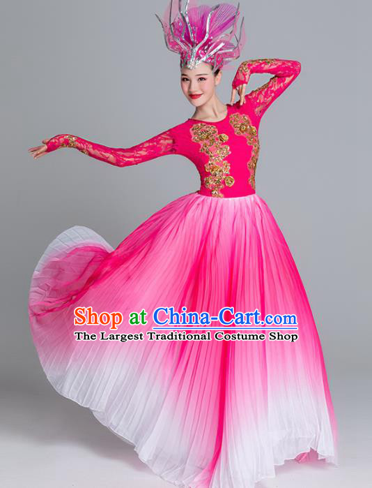 Traditional Chinese Classical Dance Rosy Dress Stage Show Opening Dance Costume for Women