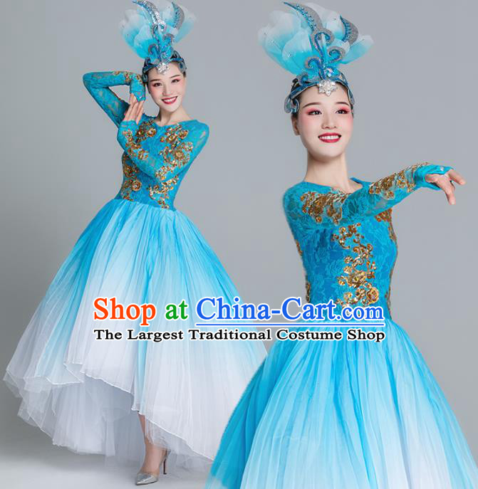 Traditional Chinese Classical Dance Chorus Blue Dress Stage Show Opening Dance Costume for Women