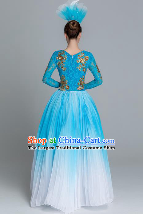Traditional Chinese Classical Dance Chorus Blue Dress Stage Show Opening Dance Costume for Women