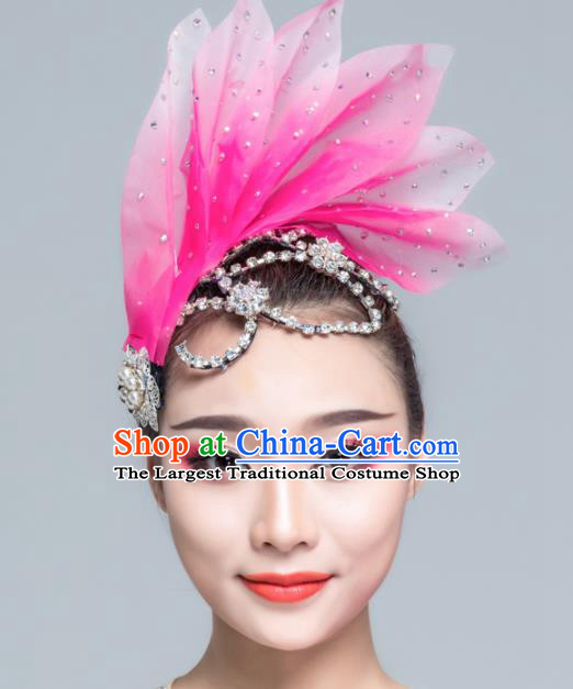 Traditional Chinese Folk Dance Pink Silk Leaf Hair Clasp Fan Dance Yanko Dance Headwear for Women