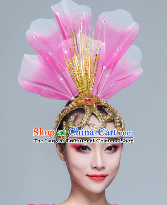 Traditional Chinese Folk Dance Pink Silk Hair Clasp Fan Dance Yanko Dance Headwear for Women
