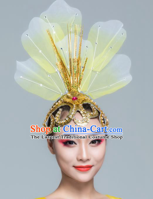 Traditional Chinese Folk Dance Yellow Silk Hair Clasp Fan Dance Yanko Dance Headwear for Women