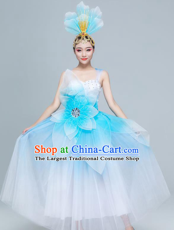 Traditional Chinese Spring Festival Gala Opening Dance Blue Dress Stage Show Chorus Costume for Women
