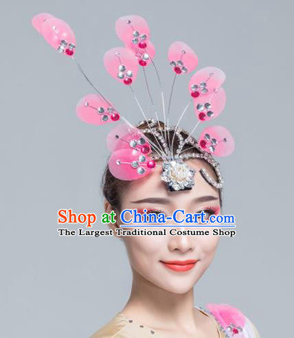 Traditional Chinese Yanko Dance Pink Silk Hair Claw Folk Dance Fan Dance Headwear for Women