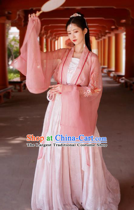 Traditional Chinese Tang Dynasty Historical Costume Ancient Court Lady Pink Hanfu Dress for Women