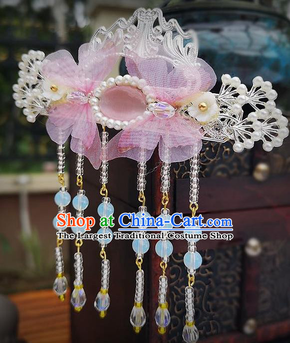 Chinese Ancient Princess Hair Accessories Traditional Hanfu Pink Silk Butterfly Hairpins for Women
