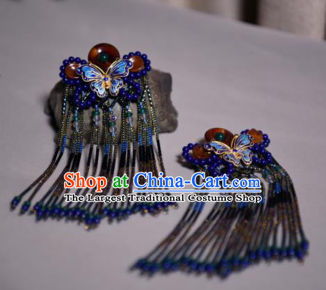 Chinese Ancient Princess Hair Accessories Blue Beads Butterfly Tassel Hair Claw Traditional Hanfu Hairpins for Women