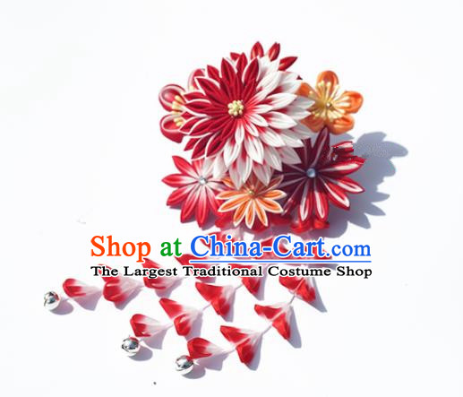 Japanese Geisha Kimono Hair Accessories Traditional Red Chrysanthemum Tassel Hair Claw Hairpins for Women