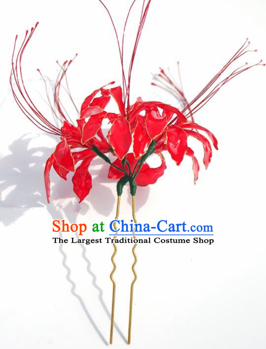Japanese Geisha Kimono Red Spider Lily Hairpins Traditional Yamato Hair Accessories for Women