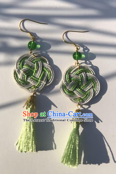 Japanese Ancient Green Tassel Thread Ear Accessories Traditional Kimono Earrings for Women