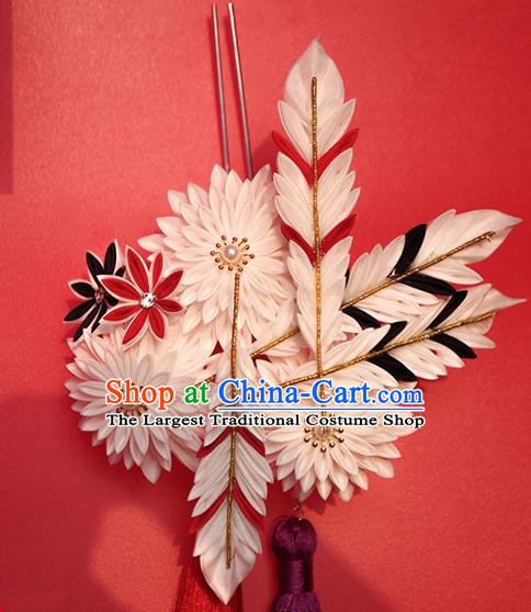 Japanese Geisha Kimono White Chrysanthemum Feather Hair Claw Hairpins Traditional Yamato Hair Accessories for Women