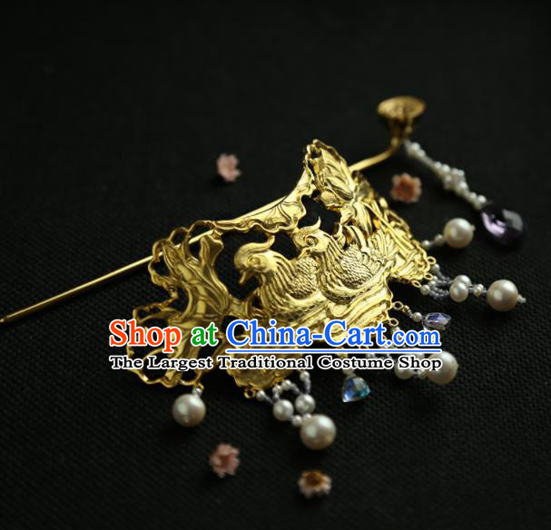 Chinese Ancient Princess Golden Mandarin Duck Tassel Hair Crown Hairpins Traditional Hanfu Hair Clip Hair Accessories for Women