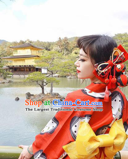 Japanese Geisha Kimono Red Bowknot Hair Claw Hairpins Traditional Yamato Hair Accessories for Women