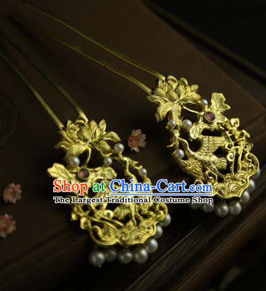 Chinese Ancient Queen Golden Lotus Crane Hairpins Traditional Hanfu Hair Clip Hair Accessories for Women