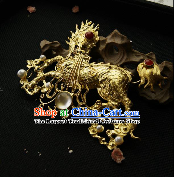 Chinese Ancient Ming Dynasty Golden Kylin Hairpins Hair Clip Traditional Hanfu Hair Accessories for Women