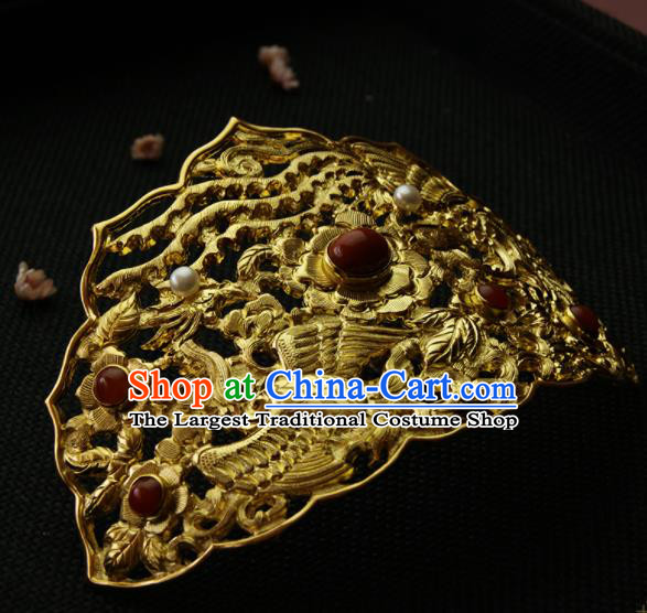 Chinese Ancient Ming Dynasty Golden Crane Phoenix Hairpins Hair Crown Traditional Hanfu Hair Accessories for Women