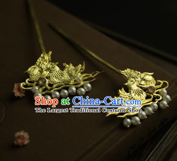 Chinese Ancient Queen Golden Mandarin Duck Hairpins Traditional Hanfu Hair Clip Hair Accessories for Women