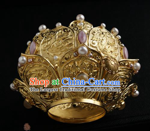 Chinese Ancient Queen Golden Lotus Hairdo Crown Hairpins Traditional Hanfu Hair Clip Hair Accessories for Women