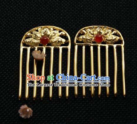 Chinese Ancient Queen Golden Carving Lotus Hair Comb Hairpins Traditional Hanfu Hair Accessories for Women
