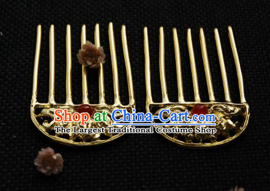 Chinese Ancient Queen Golden Carving Lotus Hair Comb Hairpins Traditional Hanfu Hair Accessories for Women