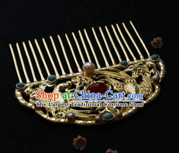 Chinese Ancient Queen Golden Carving Parrot Hair Comb Hairpins Traditional Hanfu Hair Accessories for Women