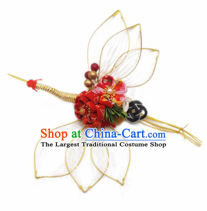 Japanese Geisha Oiran Kimono Red Sakura Crane Hair Stick Hairpins Traditional Yamato Hair Accessories for Women
