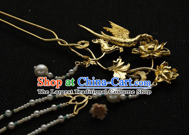 Chinese Ancient Tang Dynasty Queen Golden Parrot Lotus Hairpins Tassel Step Shake Traditional Hanfu Hair Accessories for Women