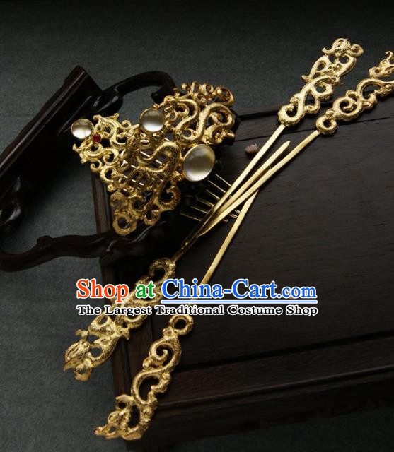 Chinese Ancient Tang Dynasty Queen Hair Comb Golden Hairpins Traditional Hanfu Hair Accessories for Women