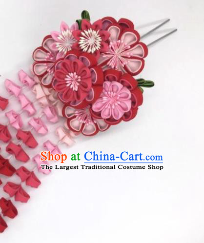 Japanese Geisha Courtesan Kimono Wine Red Sakura Tassel Hairpins Traditional Yamato Hair Accessories for Women